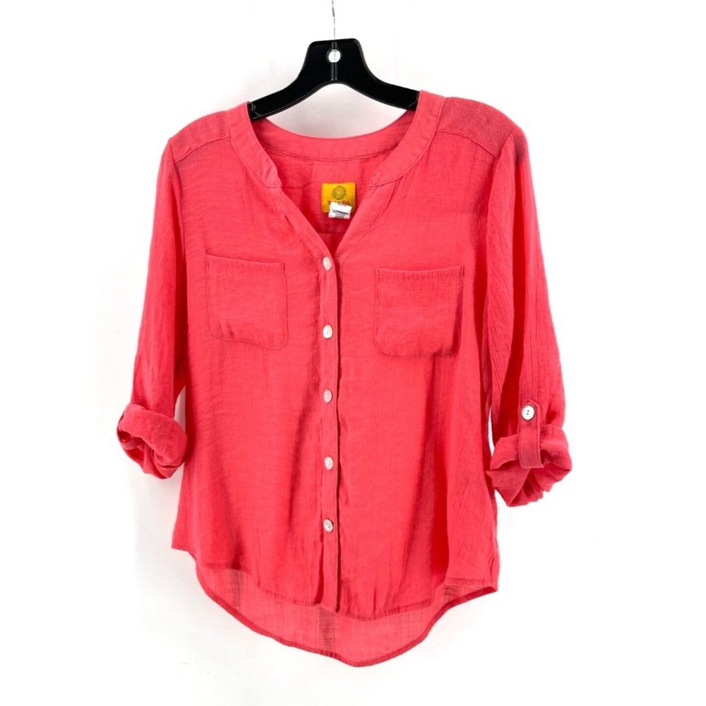 Ruby Rd. Petite Orange Button Front Pockets Long Sleeve Shirt Top Size PM